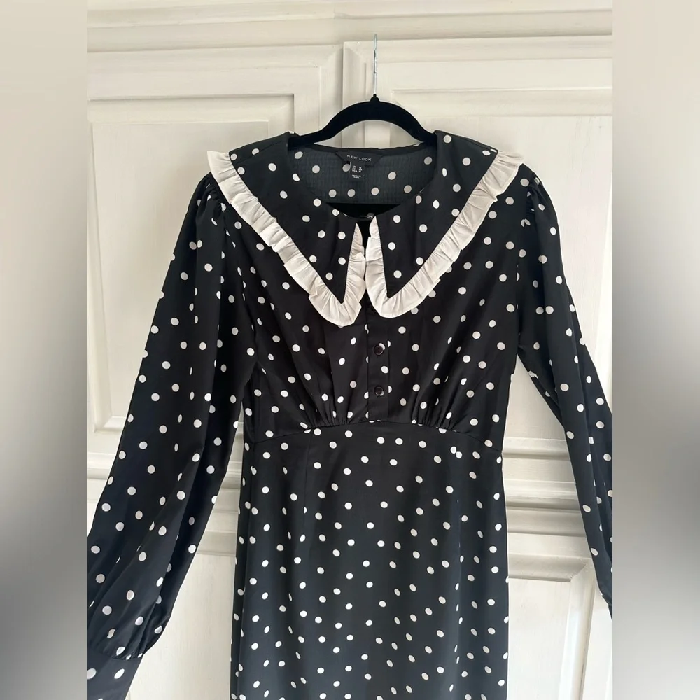 New Look Polka Dot Midi Dress Ruffle Collar Black White US 12 - Picture 3 of 7